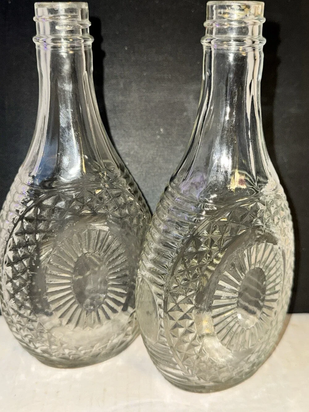 Vintage Log Cabin Syrup Bottles Pair Clear Glass Sunburst Diamond Pattern
